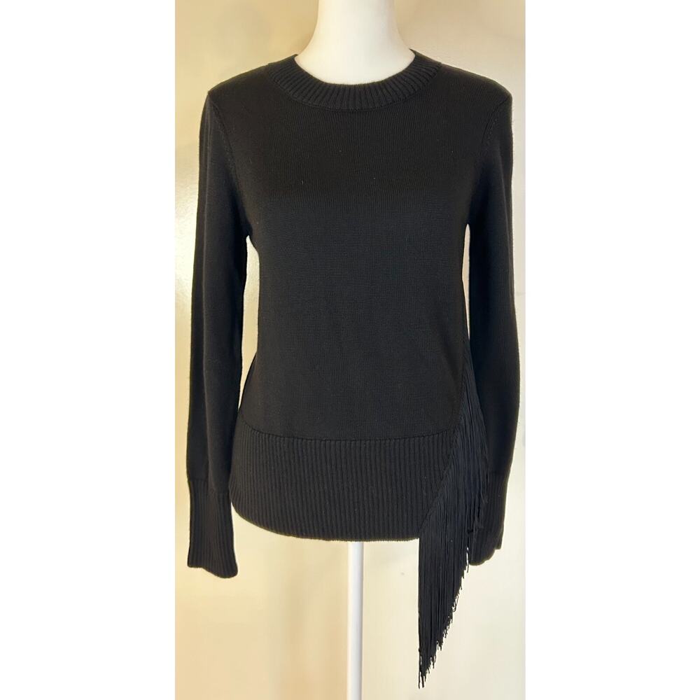 Milly Black Wool Sweater Size‎ P Black Fringe Western Modern Cowgirl Minimal NWT